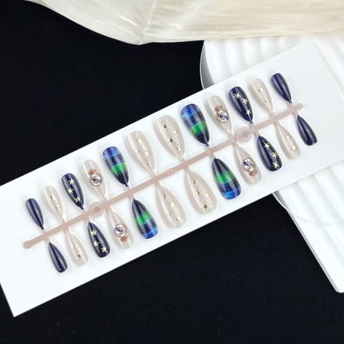 24 Pcs Green Blue Ombre Press On Nails – Cat Eye – Medium Almond Fake Nails