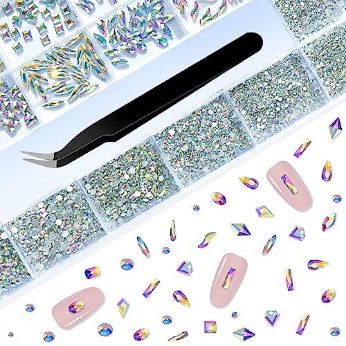 Nail Diamonds Set, Multi Shape Glass Crystal AB Nail Jewels & 21 Grids AB