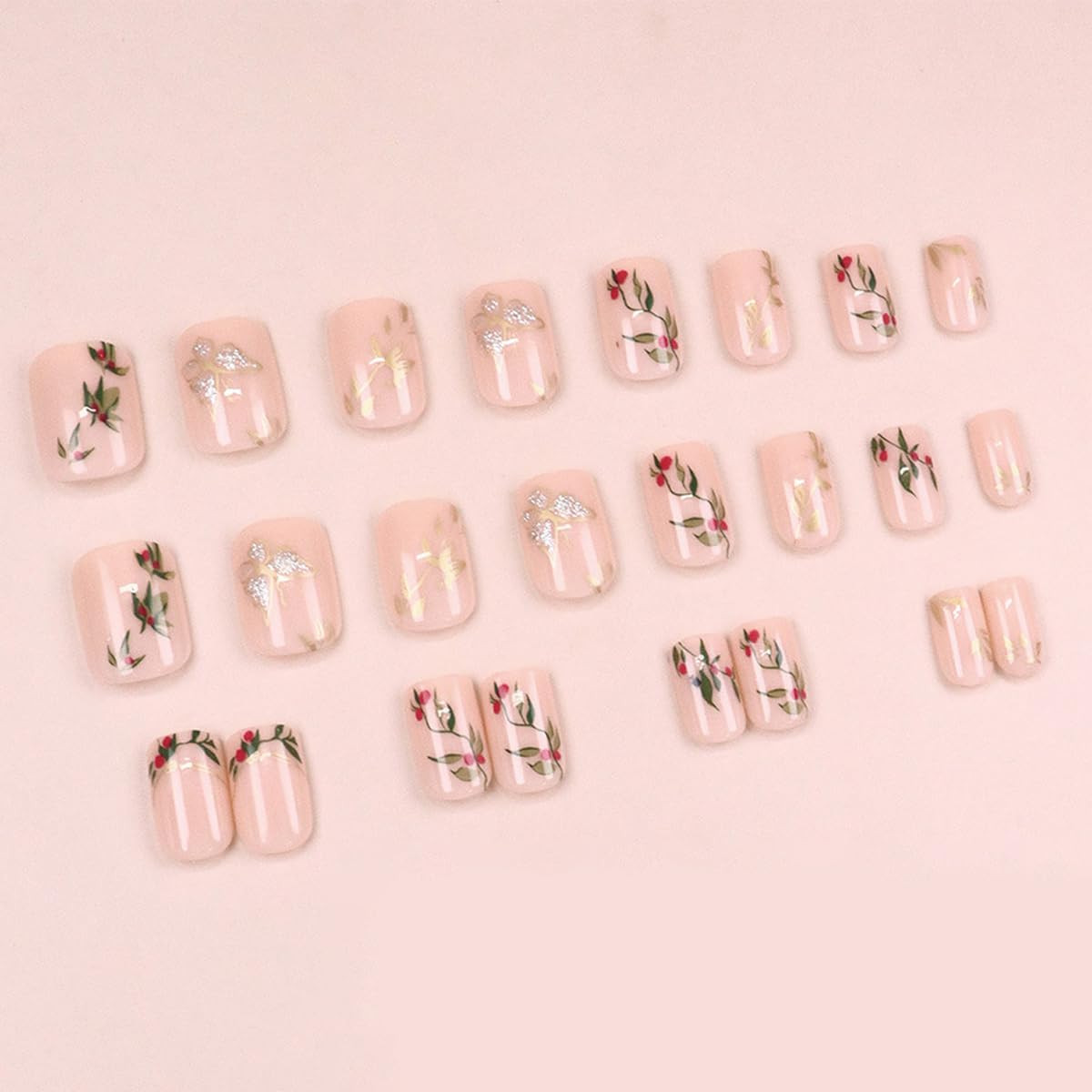 Short Almond Press on Nails, Square Glossy Nude False Nails with Glue, Reusable