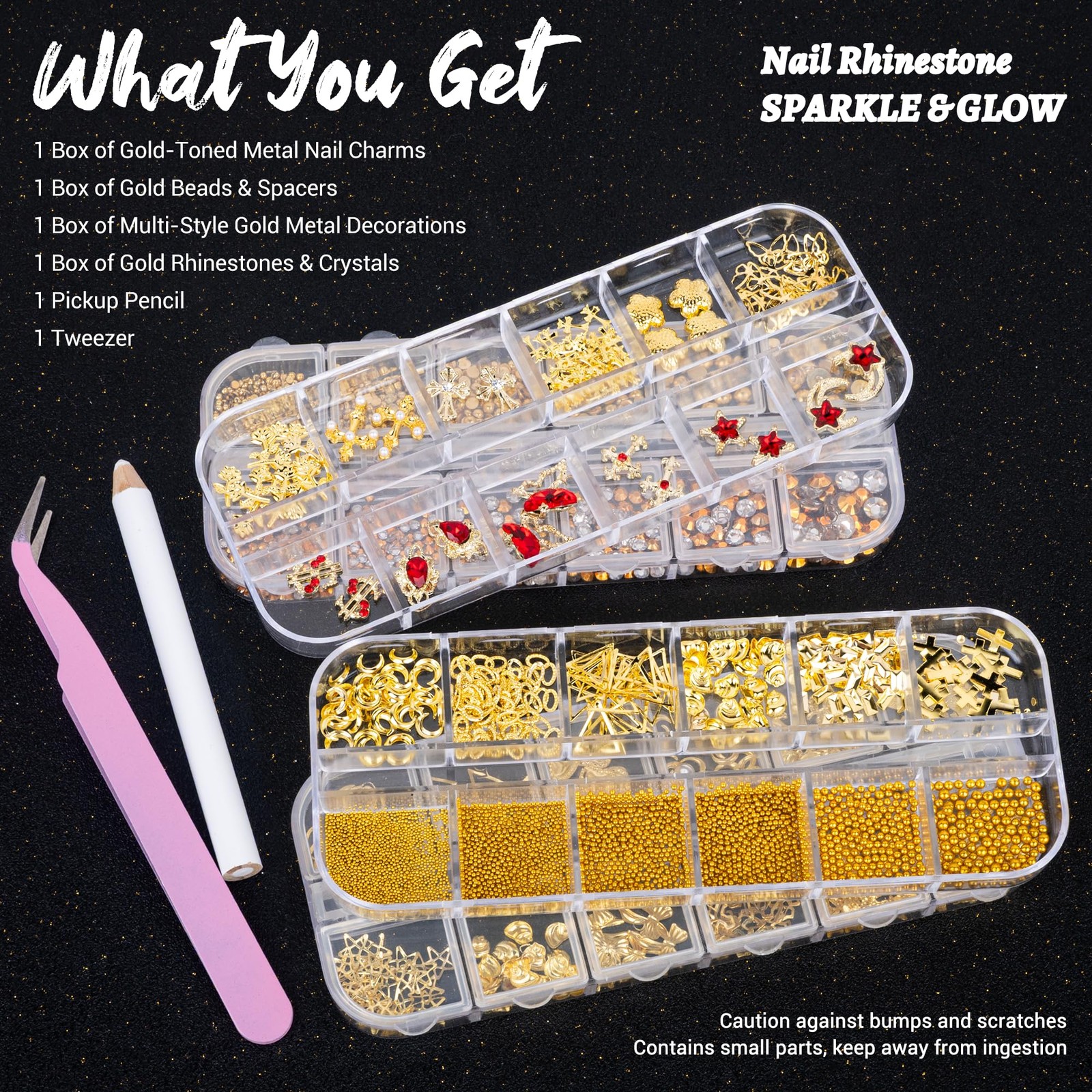 Gold Nail Charms and Nail Gems with 4 Boxes of Rhinestones 3D Metal for Nail …