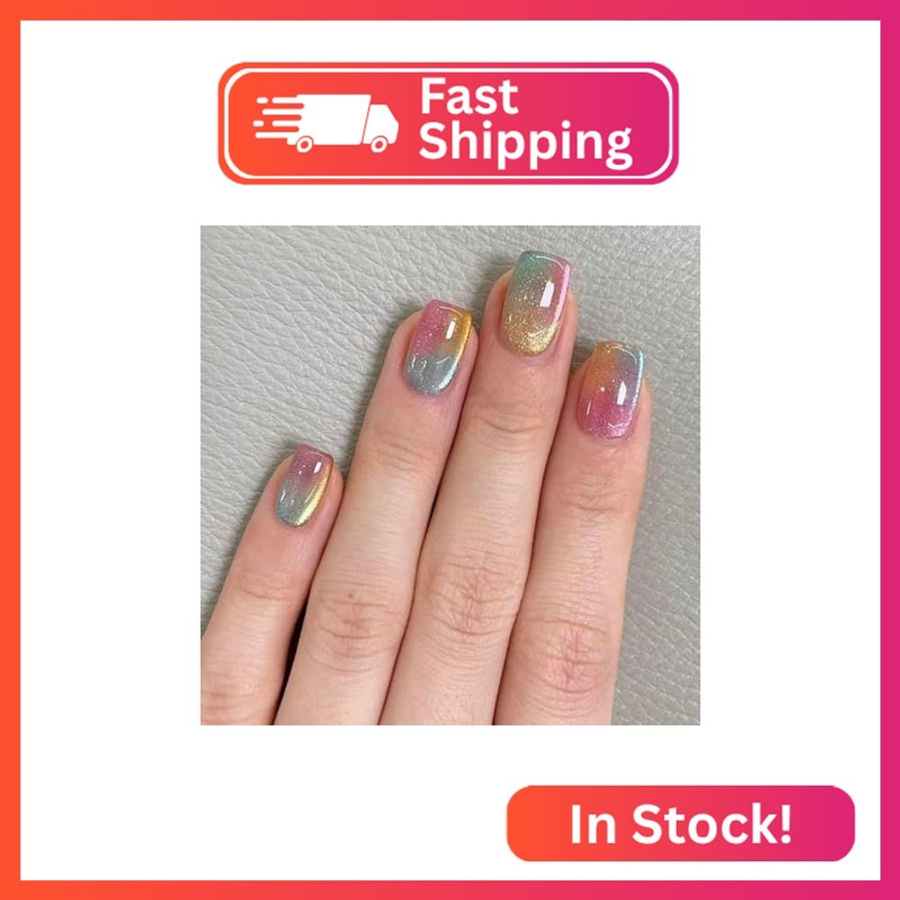 Cat Eyes Press on Nails Medium Square Fake Nails with Green Pink Orange Gradient