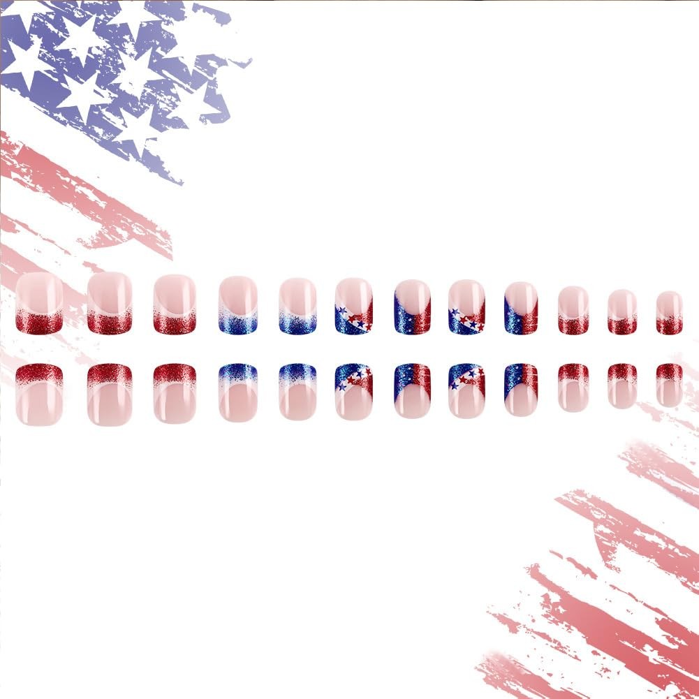 4th of July Nails – Medium Square Press On Nails with Stars, Stripe, Glitter …