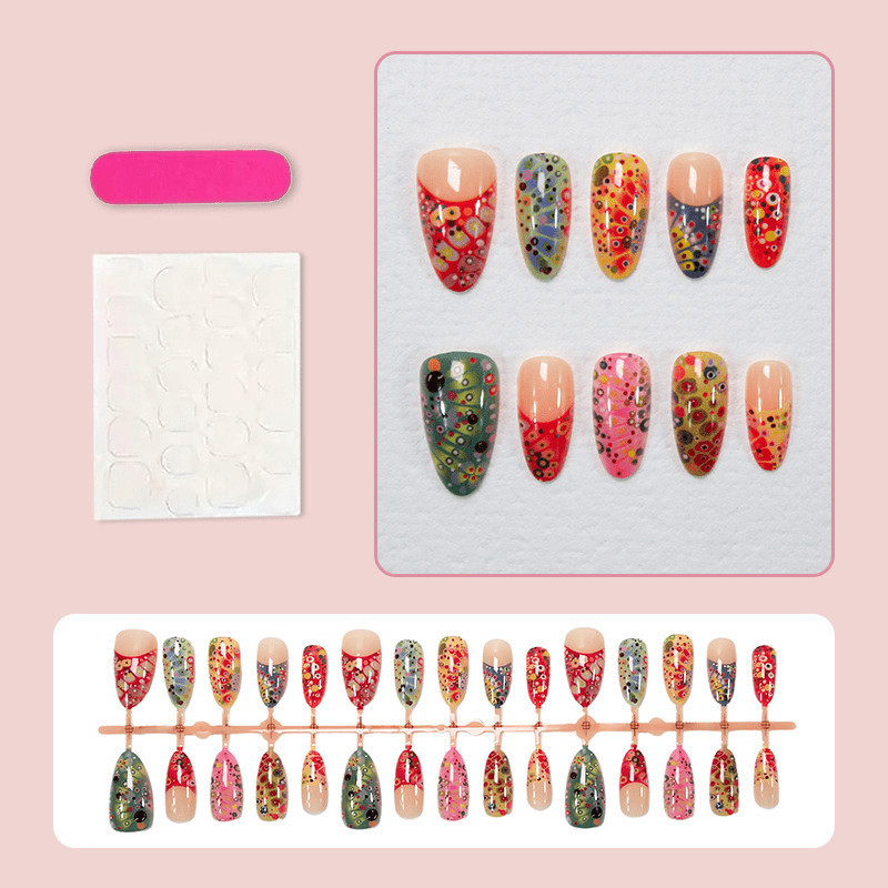60pcs Almond Press on Nails, Nude Gradient Nails with Colorful Sunset Art Print