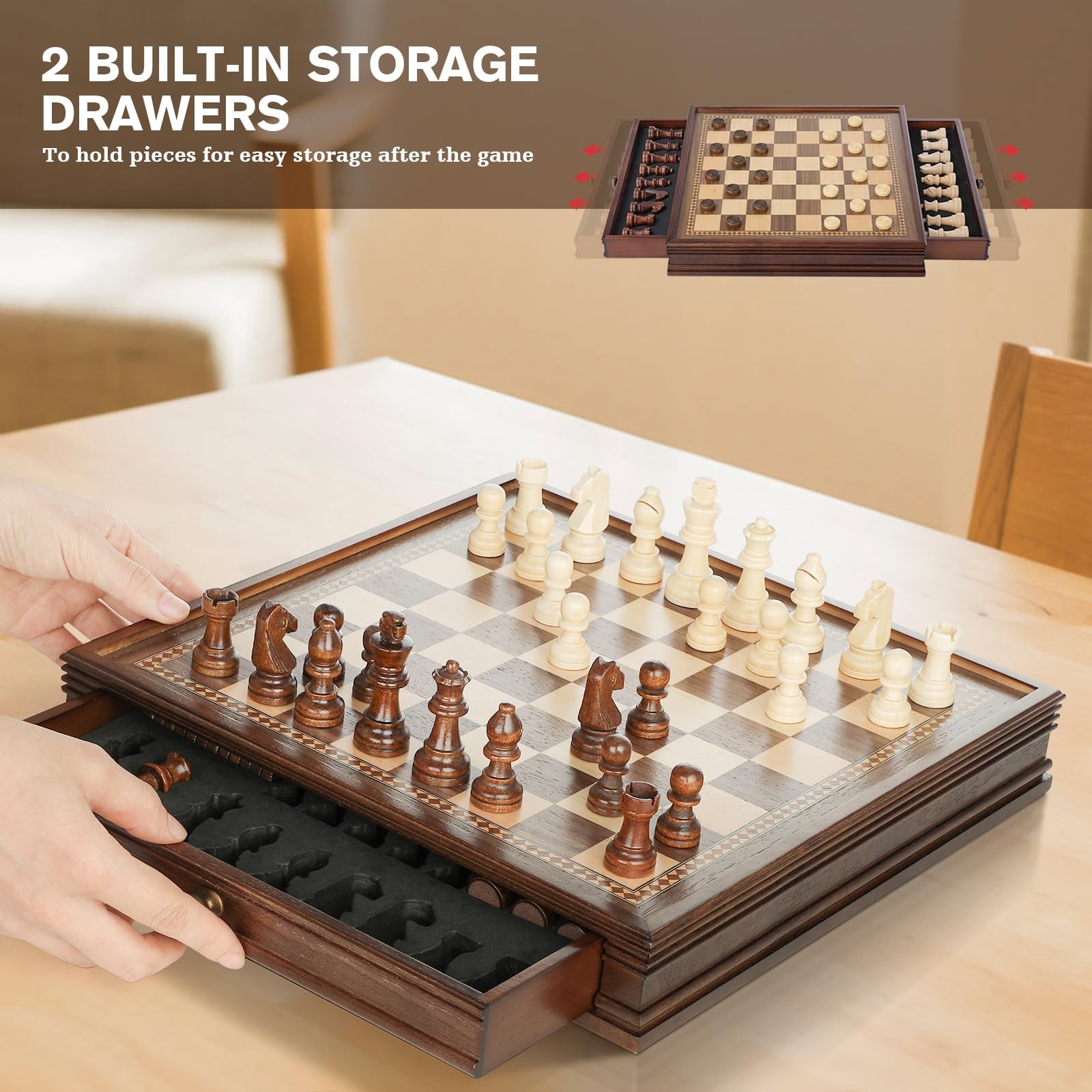 Peradix Magnetic Chess Checkers 32 cm x 32 x 5.2 cm, Walnut Color 12.8″