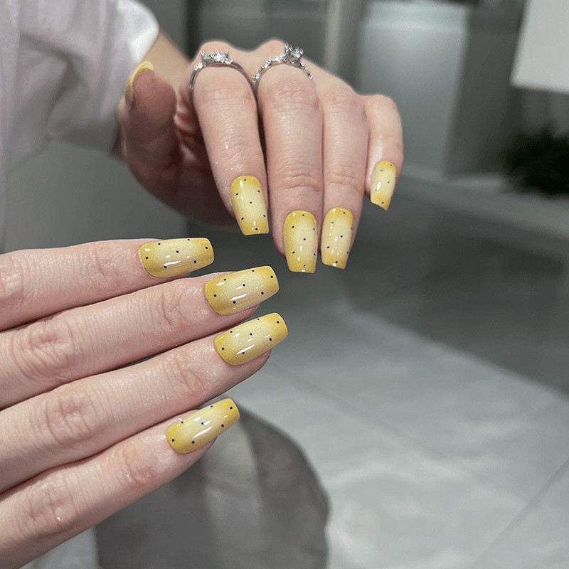60pcs Short Square Press on Nails, Cream Yellow Gradient Blue Dot Minimal Nails