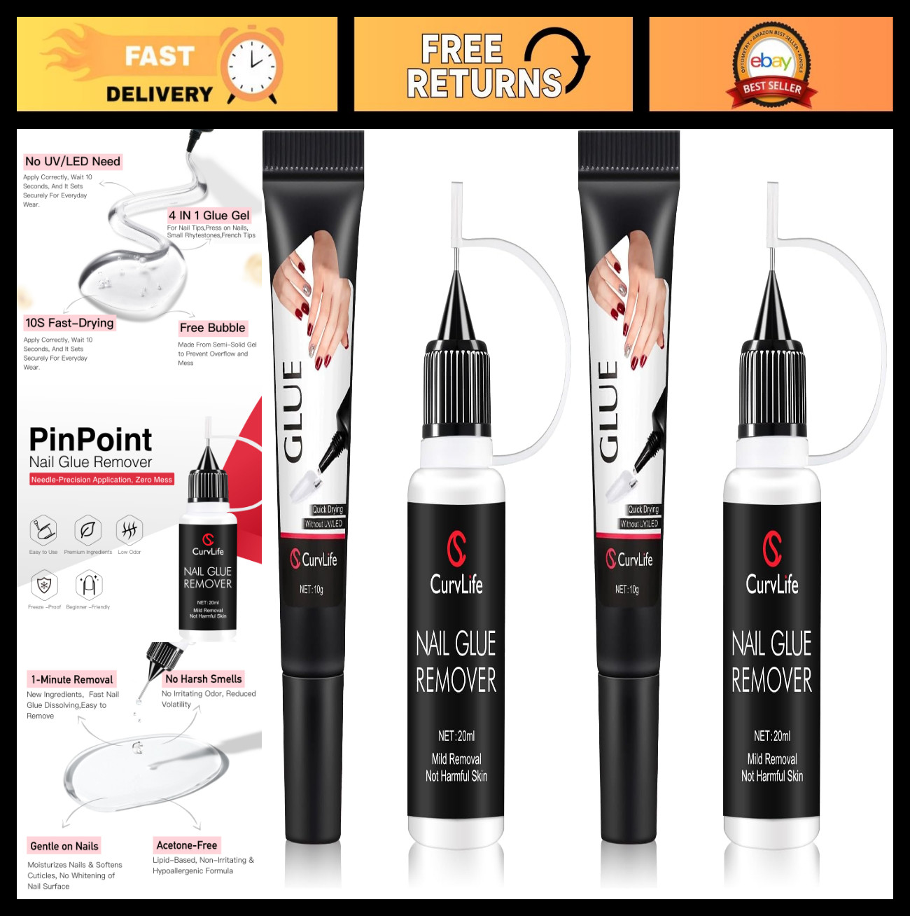10g Semi-Solid Nail Glue & 20ml Non-Acetone Remover Kit – Quick Dry, No UV Neede