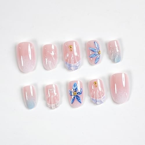 French Tip Press on Nails – Medium Short Round Fake Nails – 3D Colorful-13