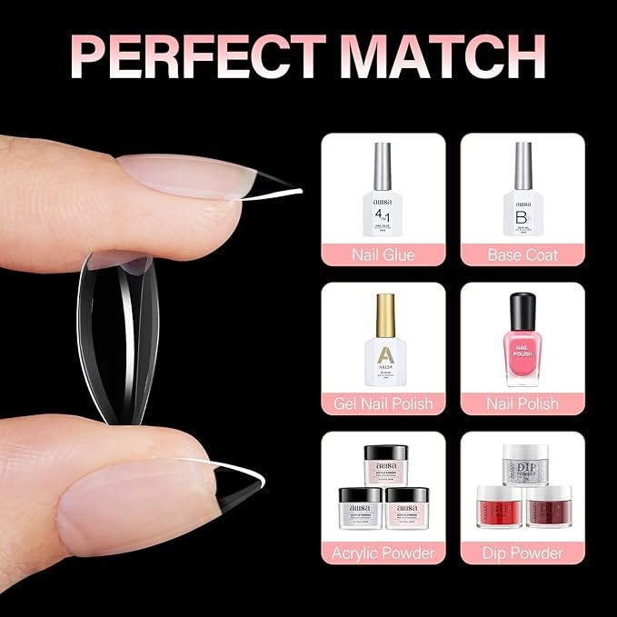 Short Almond Nail Tips, 15 Sizes 240PCS Preshaped Soft Clear Gel Nails Tips Full