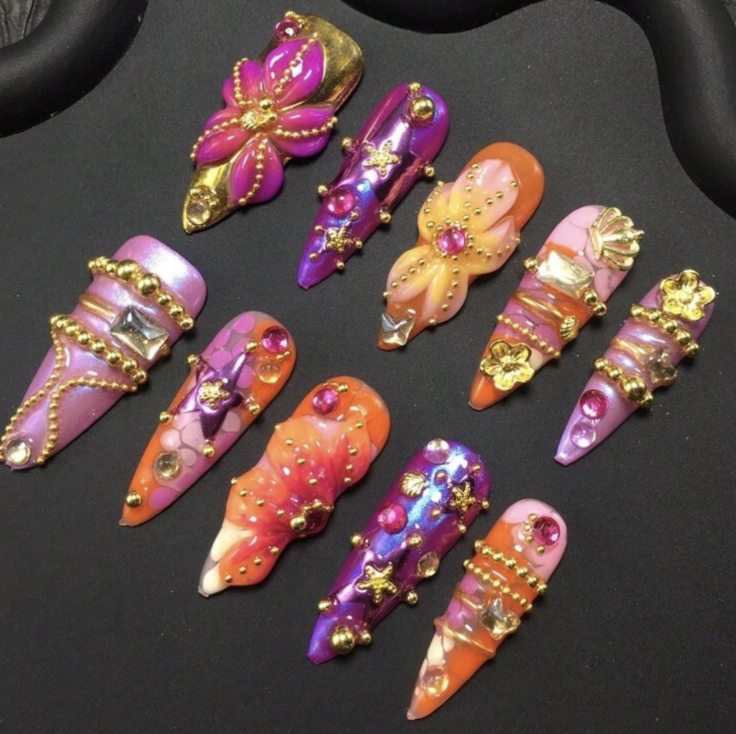 3D Flower Bow Gold Charms Stiletto Press-On Nails Pink Purple Orange