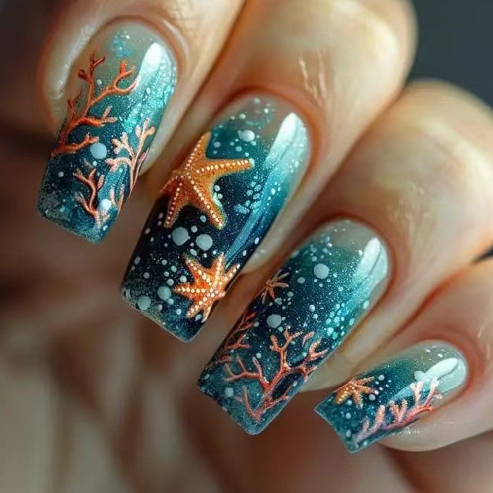 24pcs Ocean Press-On Nails: Coral, Jellyfish Mermaid Designs.Reusable Salon Art.