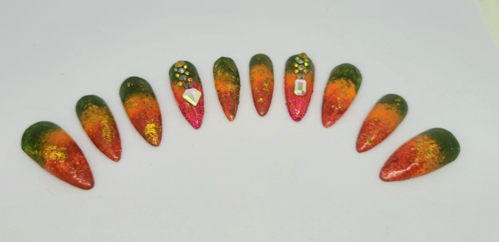 KFN ​Press On Nails| Rasta Ombre Almond Gel Glass Finish Gold Swarovski Design