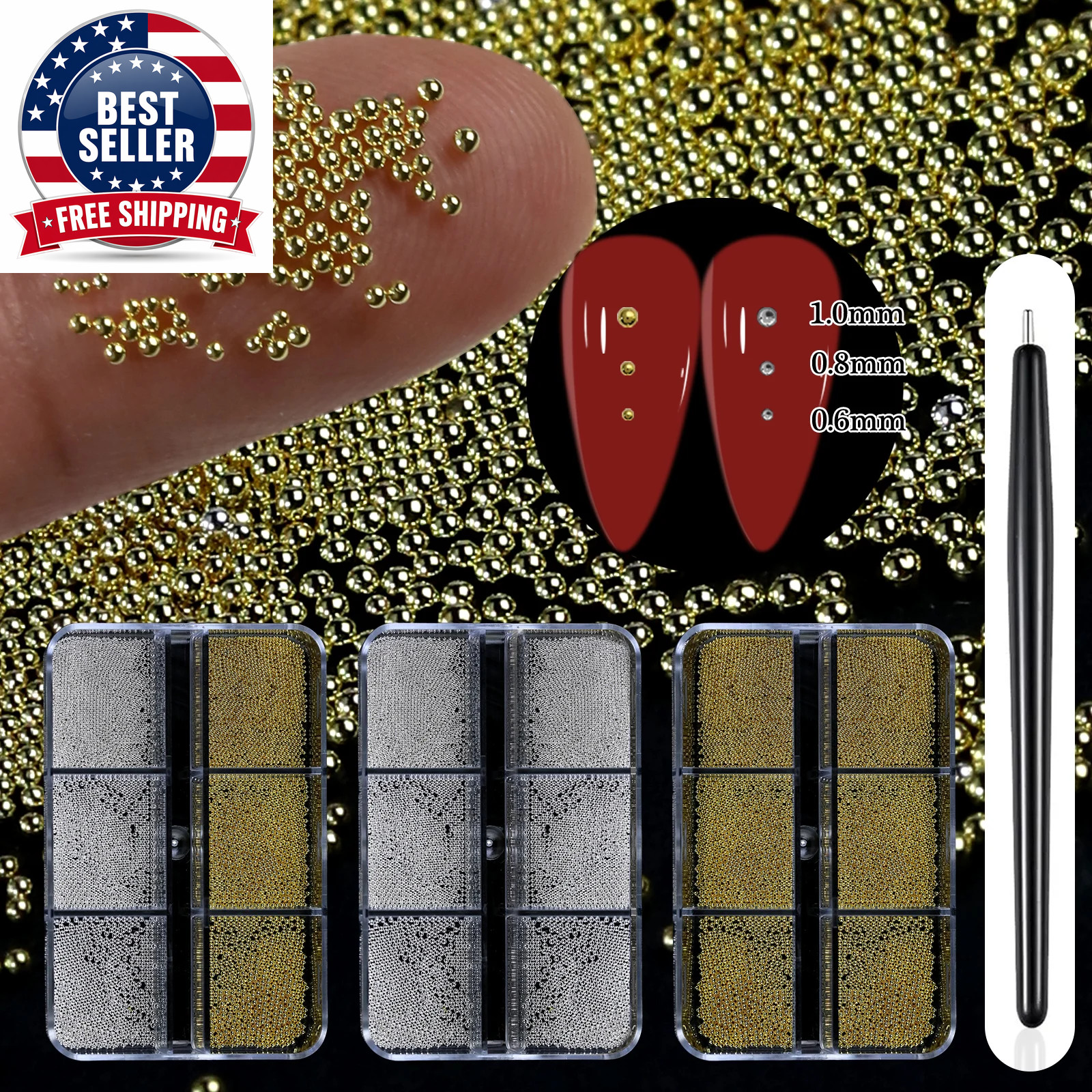 6 Grids Mini Caviar Beads Nail Art Decorations Metal Gold/Silver Micro Ball Nail