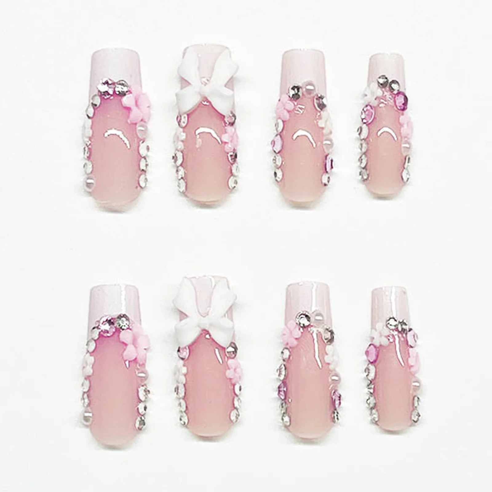 24Pcs White French Rhinestone Pearl Wedding Press On Nails