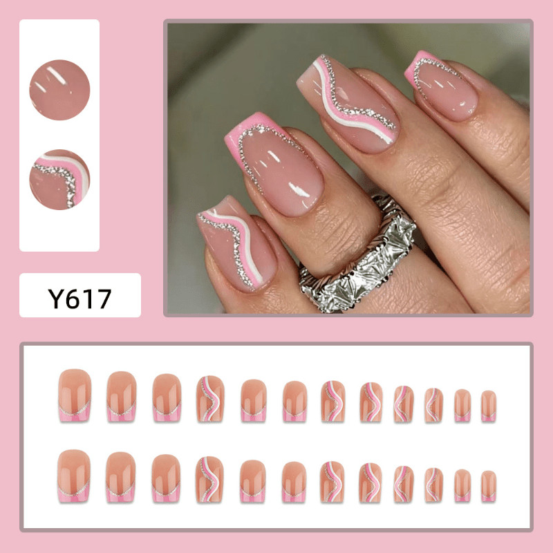 48Pcs Silver Line Rhinestone French Press on Nails, Short Square Pink Fake Nails