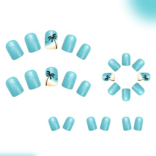 Summer Press on Nails Short Square Fake Nails Beach Coconut Tree False Style 26