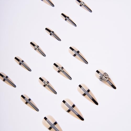 Press on Nails Long Stiletto Goth Black Fake Nails with 3D Goth Press on Nails