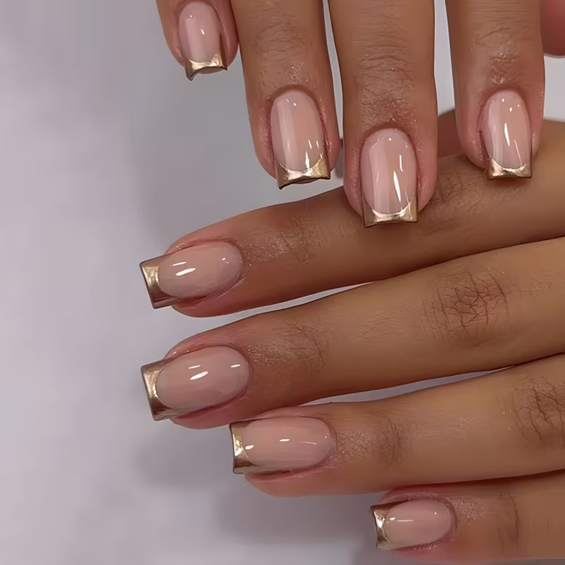 24pcs Short Square Press-On Nails, Golden French Tip Glossy, Parties, Events