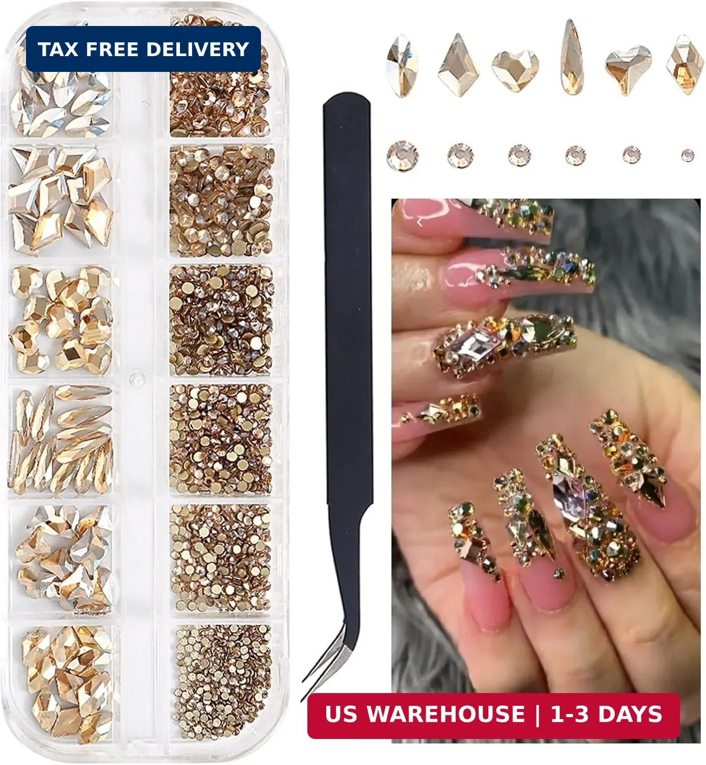 SUTOKAKA 1 Box Champagne Gold Nail Art Rhinestones Multi Shapes 3D Flatback Beda