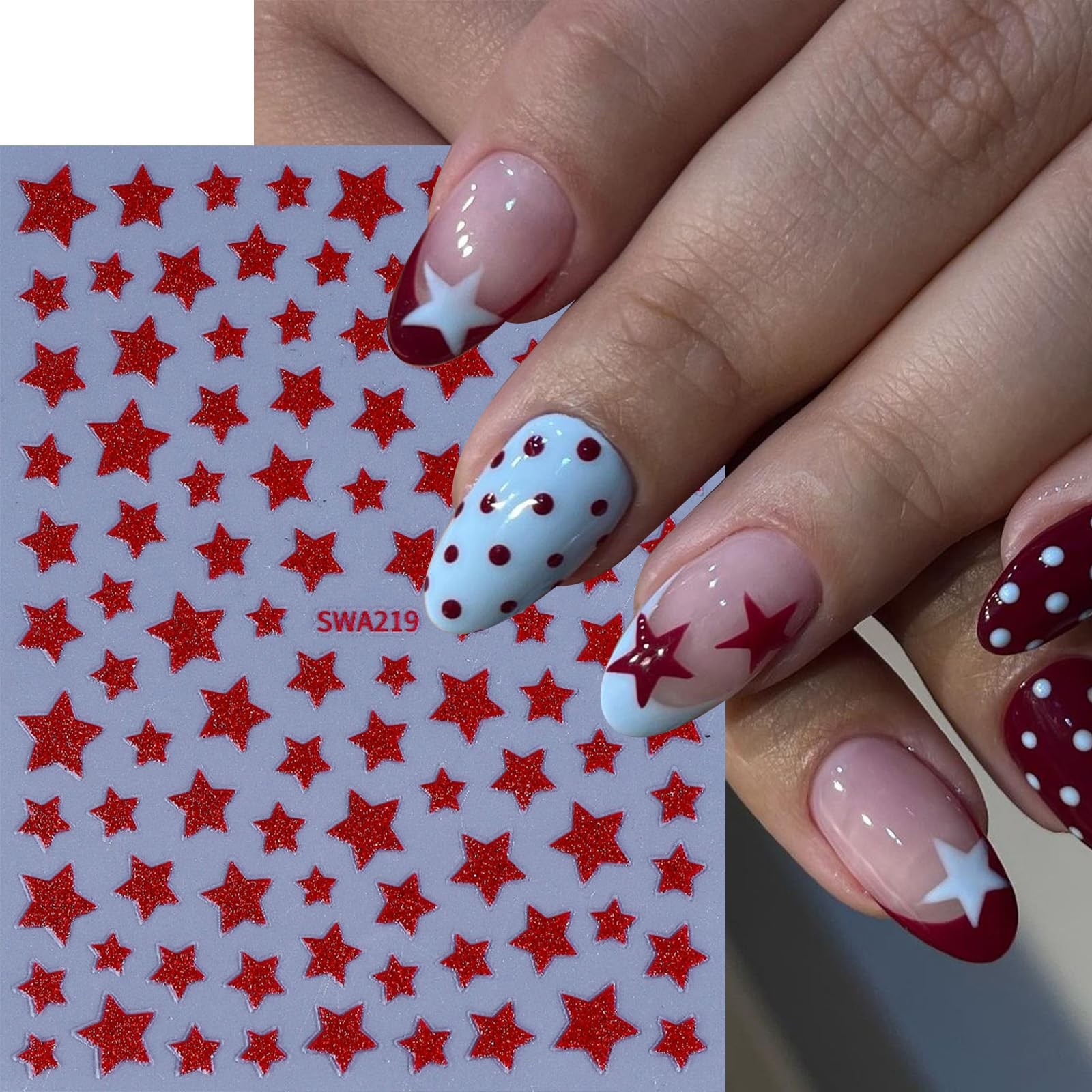 4th of July Nail Stickers Red White Blue Star Nail Decals 6PCS Glitter Patrio…