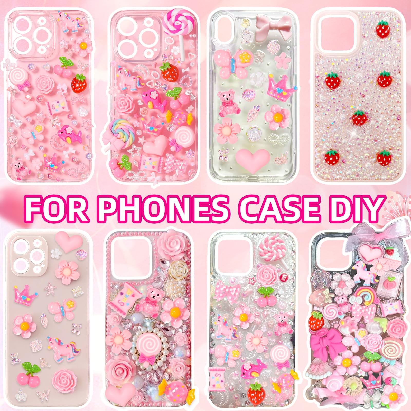 AnoleAir Junk Case Charms Kit, Pink White Pearls Resin Rhinestones Bedazzling…