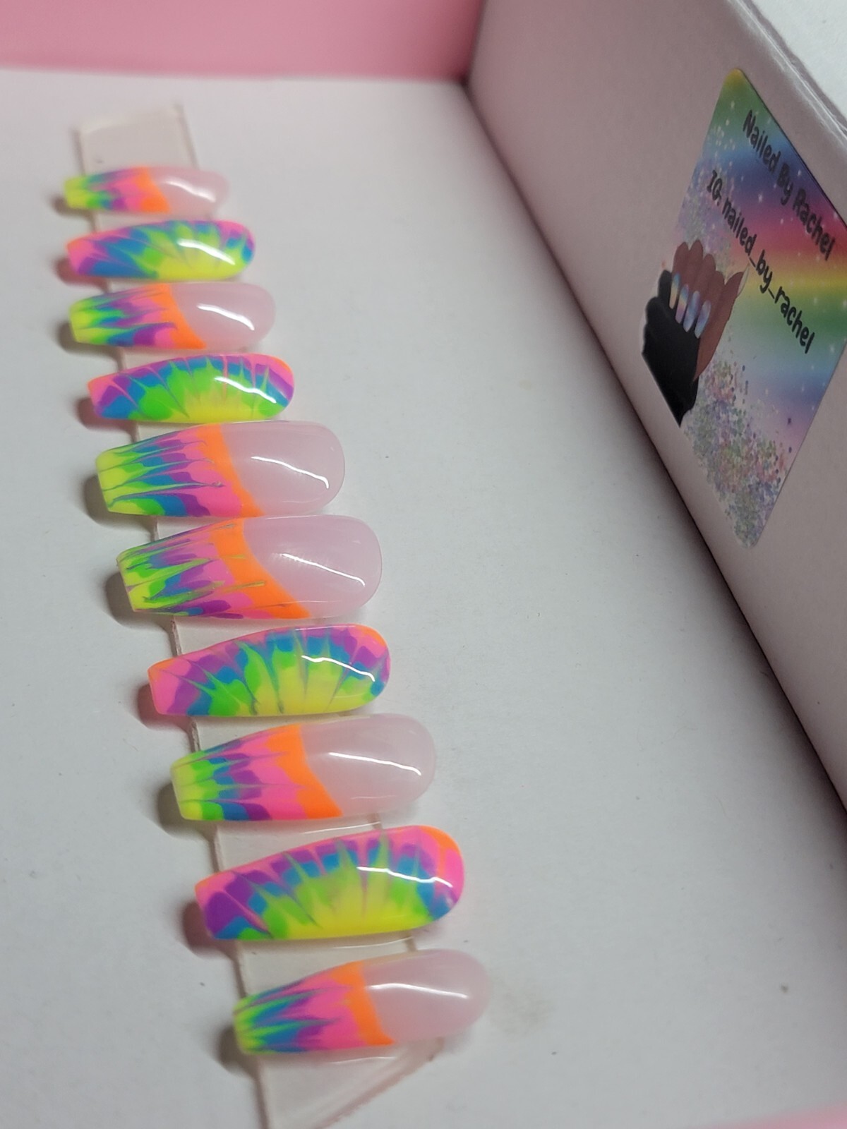 Rainbow neon tie-dye press on nails short coffin French tip pride nails