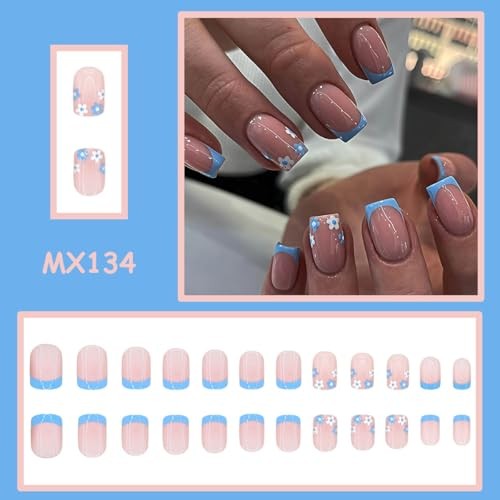 Spring Summer Press on Nails Blue French Tip Fake Nails Flowers Design Style-14