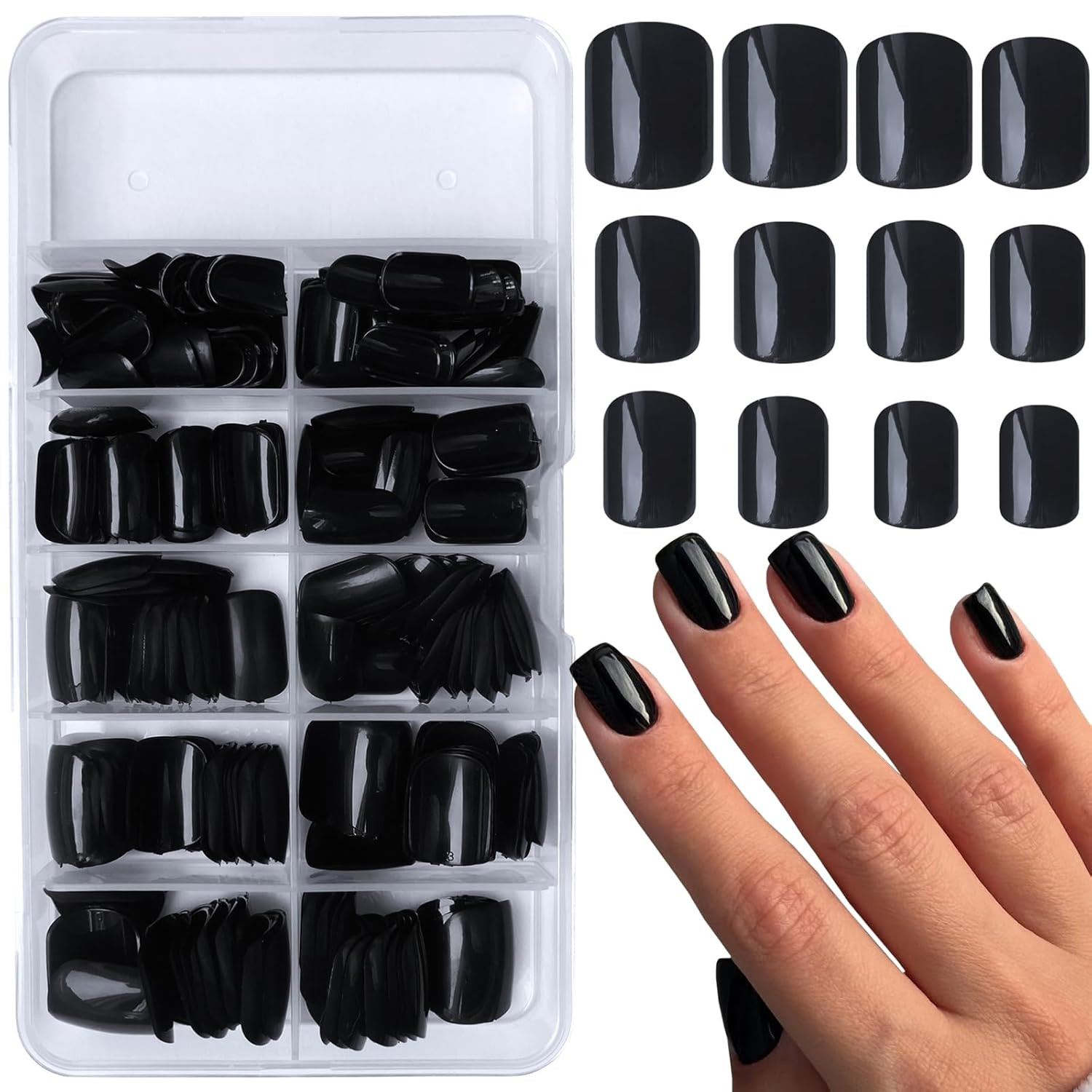 240Pcs Short Press on Nails Black Full Cover Short Square Fake Nails Glossy