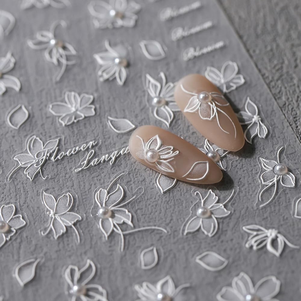 5D Self Adhesive White Floral Pearl Nail Art Decoration Stickers for Sale
