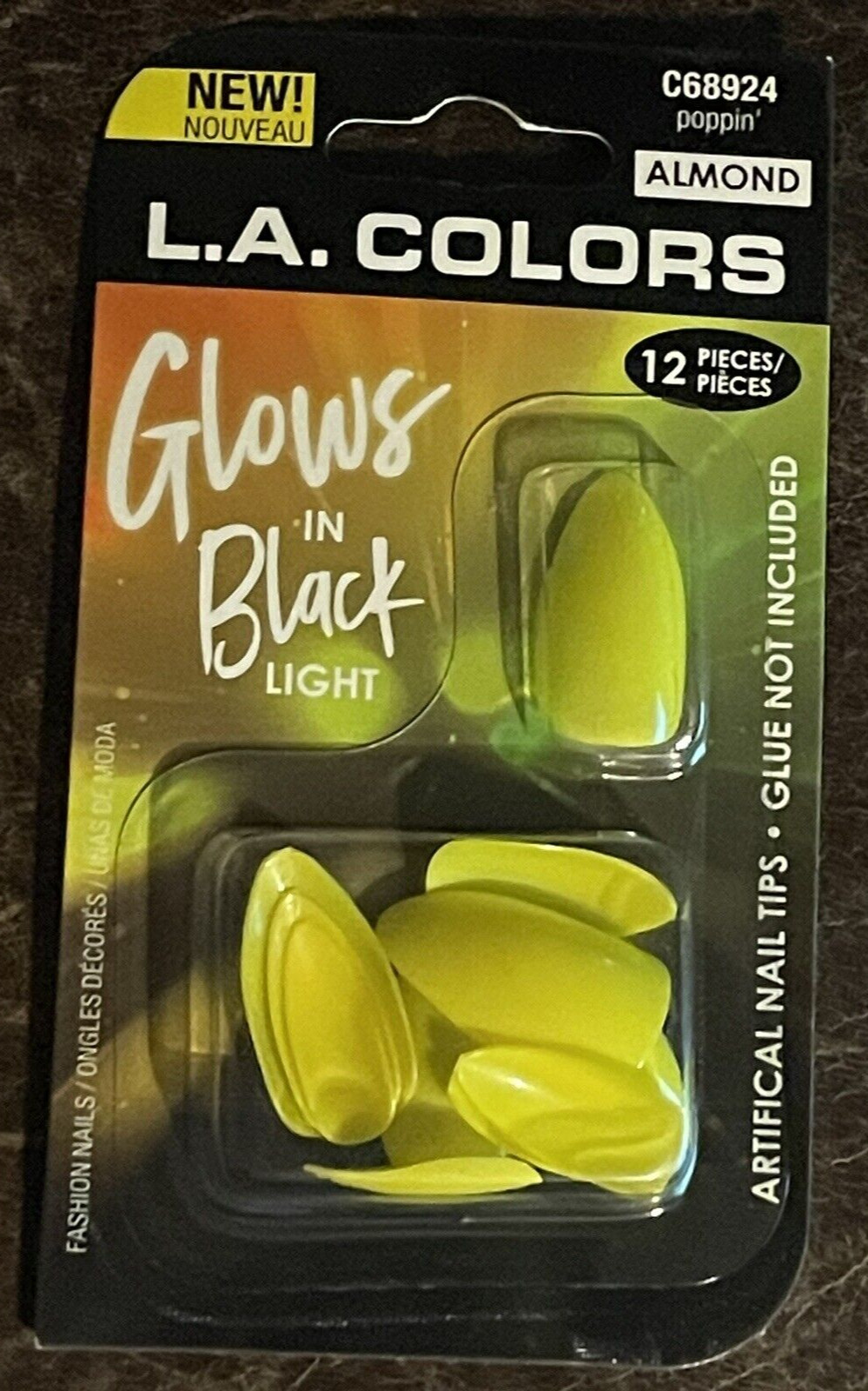 L.A. Colors Glows in Blacklight Nail Tips Almond Shaped Poppin-Yellow Color
