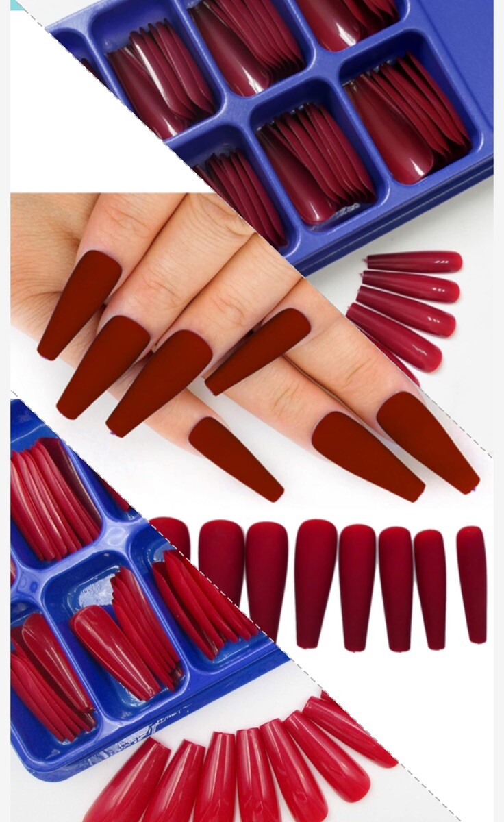 400 PCs Set Of 4 ❤️ False Nails Long Dark Red/ Matte Wine Red/ Bright Red
