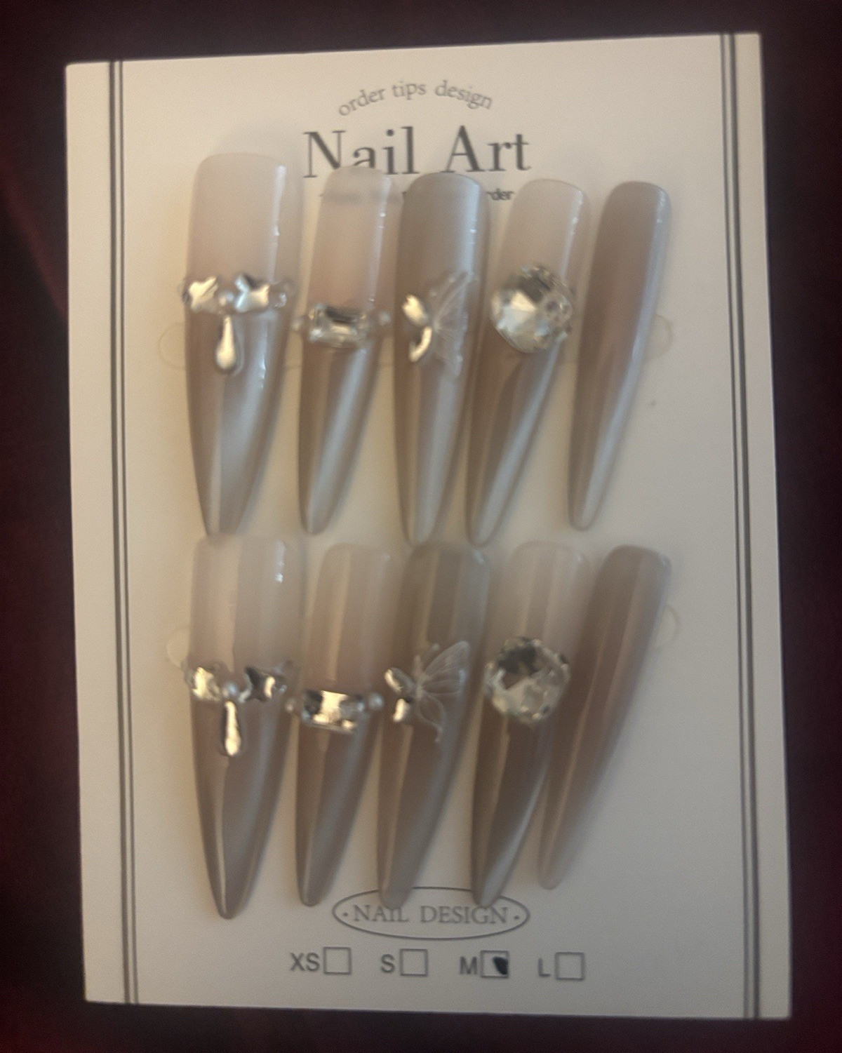 Gray Stiletto Press-On Nails Full Cover Medium 3D Rhinestone Nail Art Tips