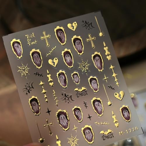 5D Embossed Ghost Nail Art Stickers Gold Frame Nail Stickers Halloween Style-4