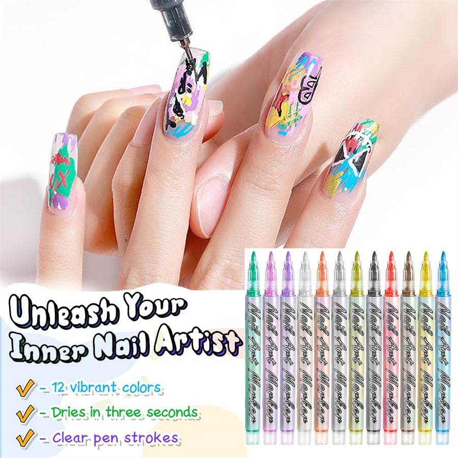 12-Color Nail Art Pens Set,Latest New DIY Nail Art Markers Drawing Painting Line