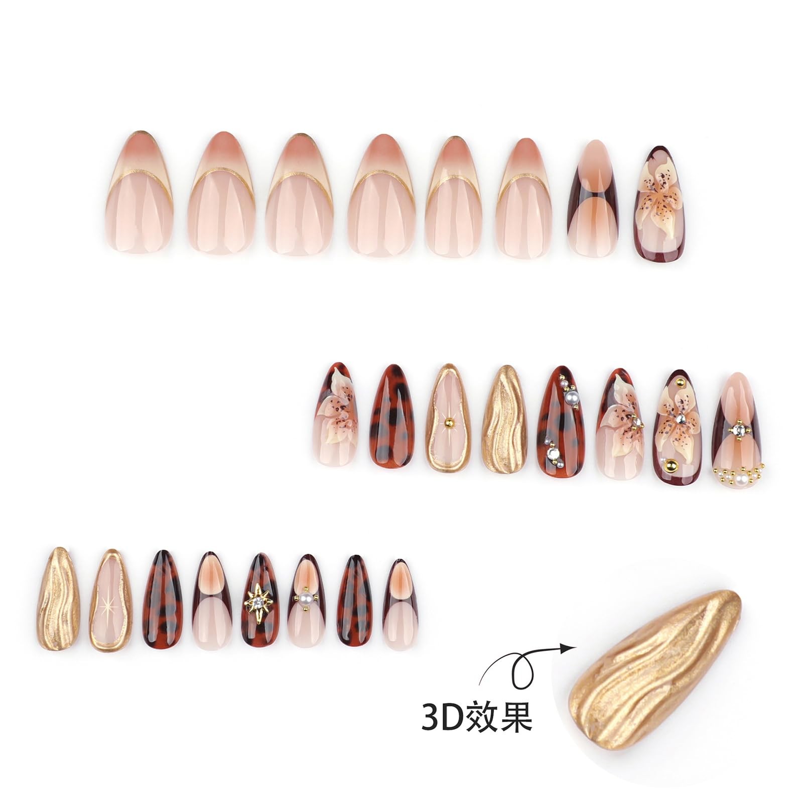 Almond Press on Nails Medium French Tip Fake Nails with Spring Flower Design …