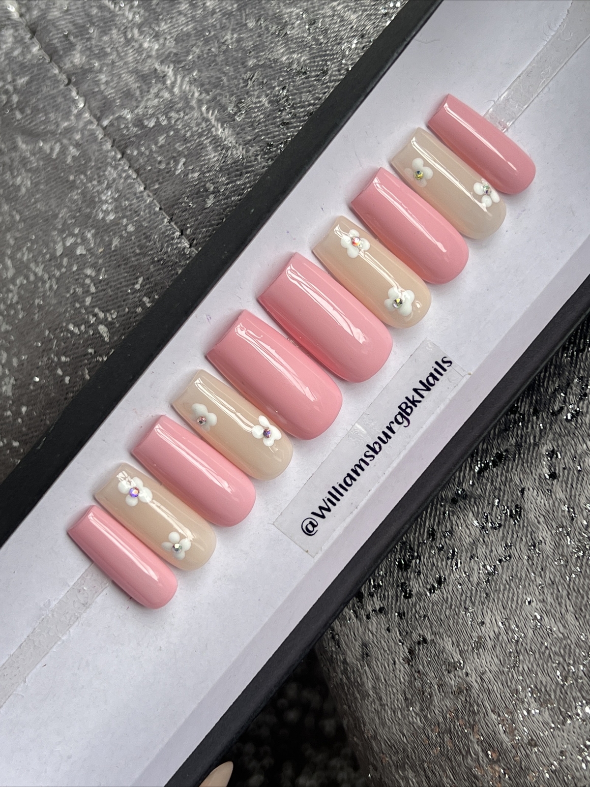 🔥CUSTOM Gel Press On False Nails, PINK W FLOWERS BLING, NEW 10p Set Med Square