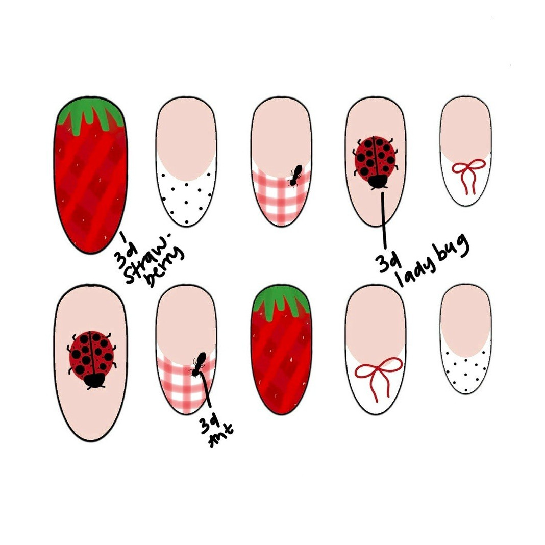 Strawberry Ladybug Bow 3D Press-On Nails hand made almond Medium Red Pink