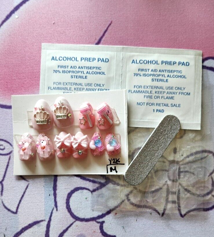 Hand Painted Custom “Y2K” Extra Short Almond Length Press On Nails (size M)