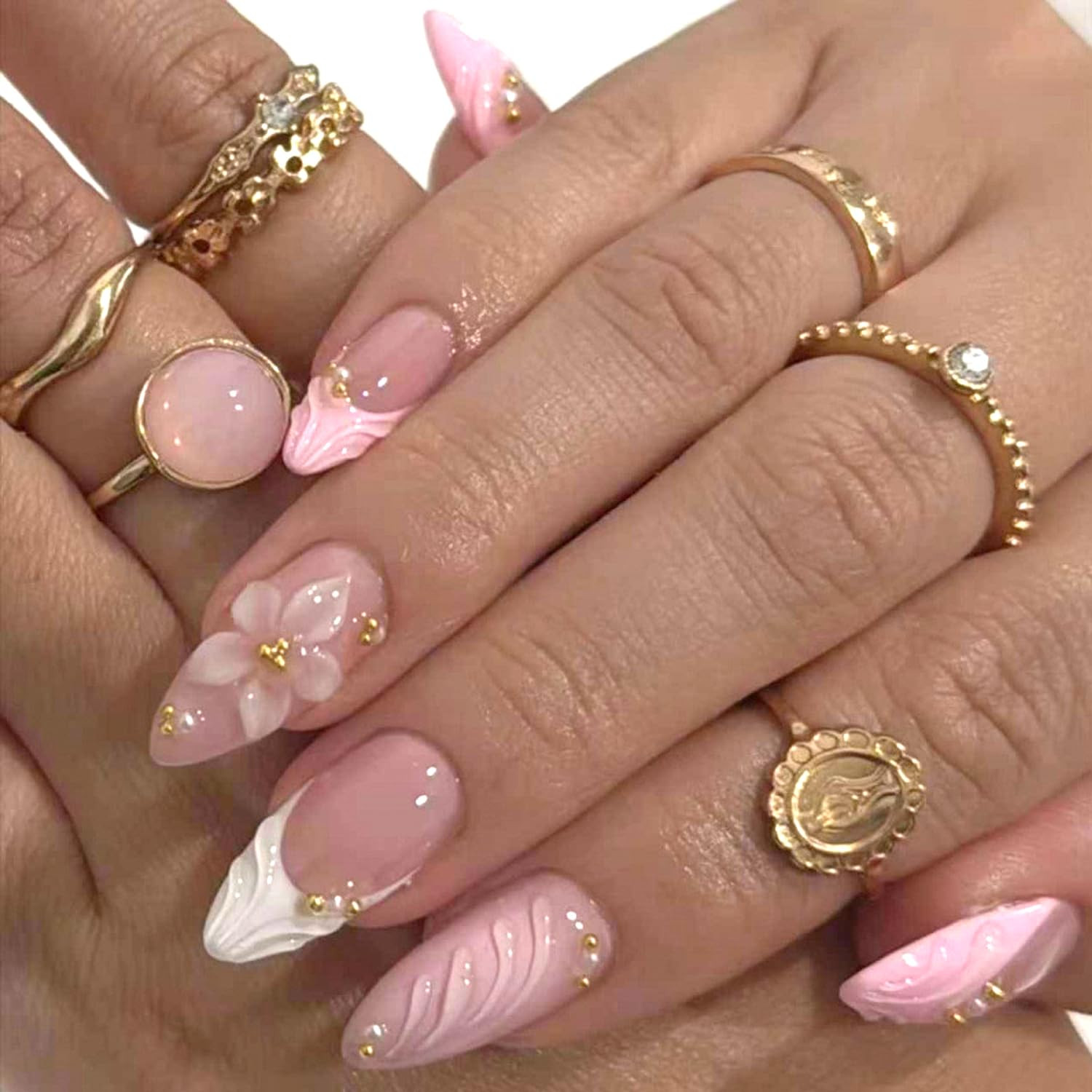 24Pcs Pink Flower Press on Nails Medium Almond French Tip Fake Nails with 3D Gol