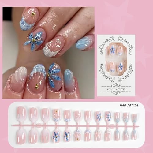French Tip Press on Nails – Medium Short Round Fake Nails – 3D Colorful-13