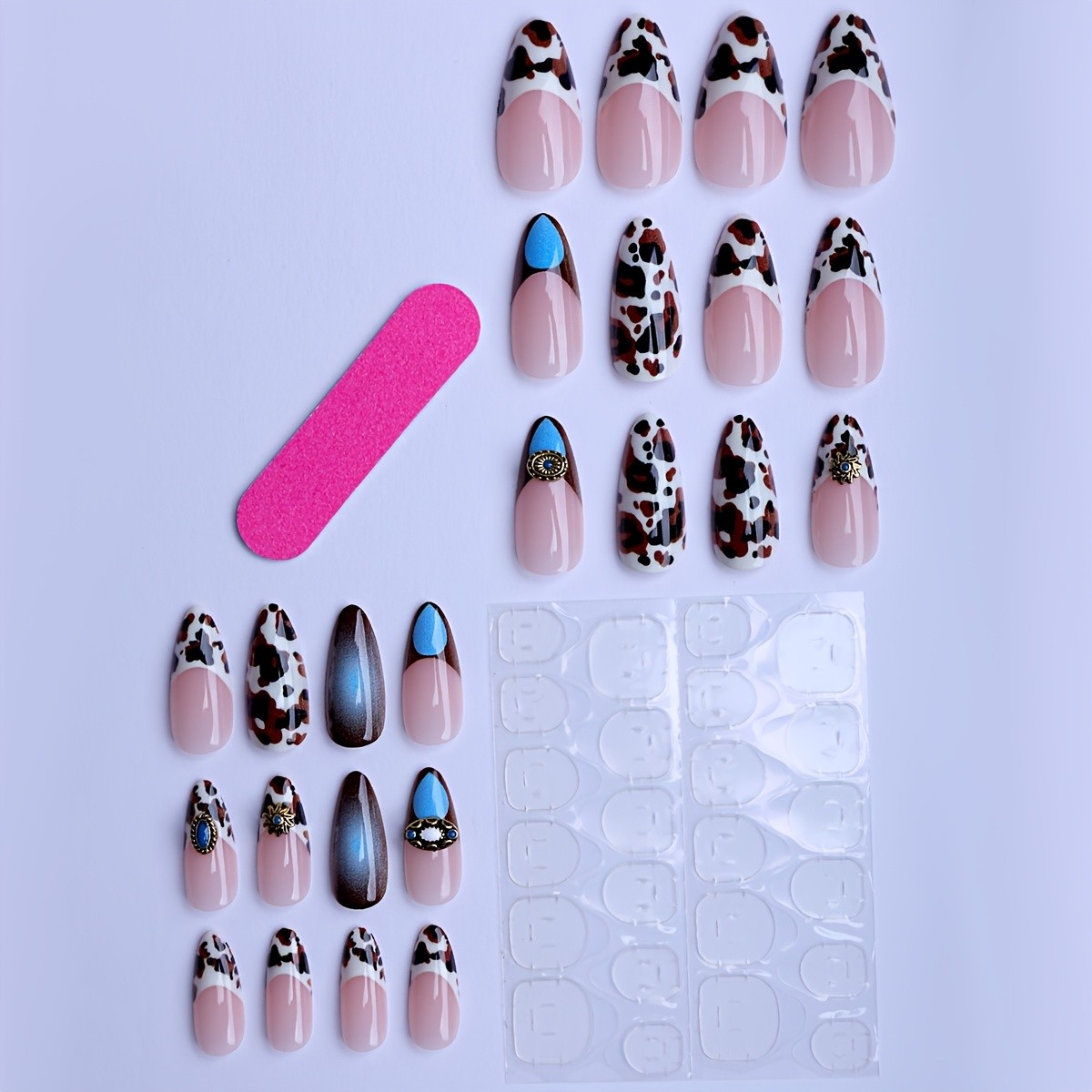 48Pcs-Cow Print Turquoise Almond Press on Nails with Western Style Gem Fake Tips
