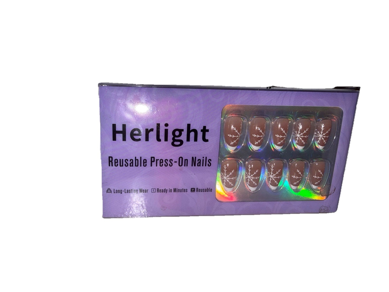 Herlight Press-On Nails Snowflake Almond Brown White Reusable Long-Lasting Wear