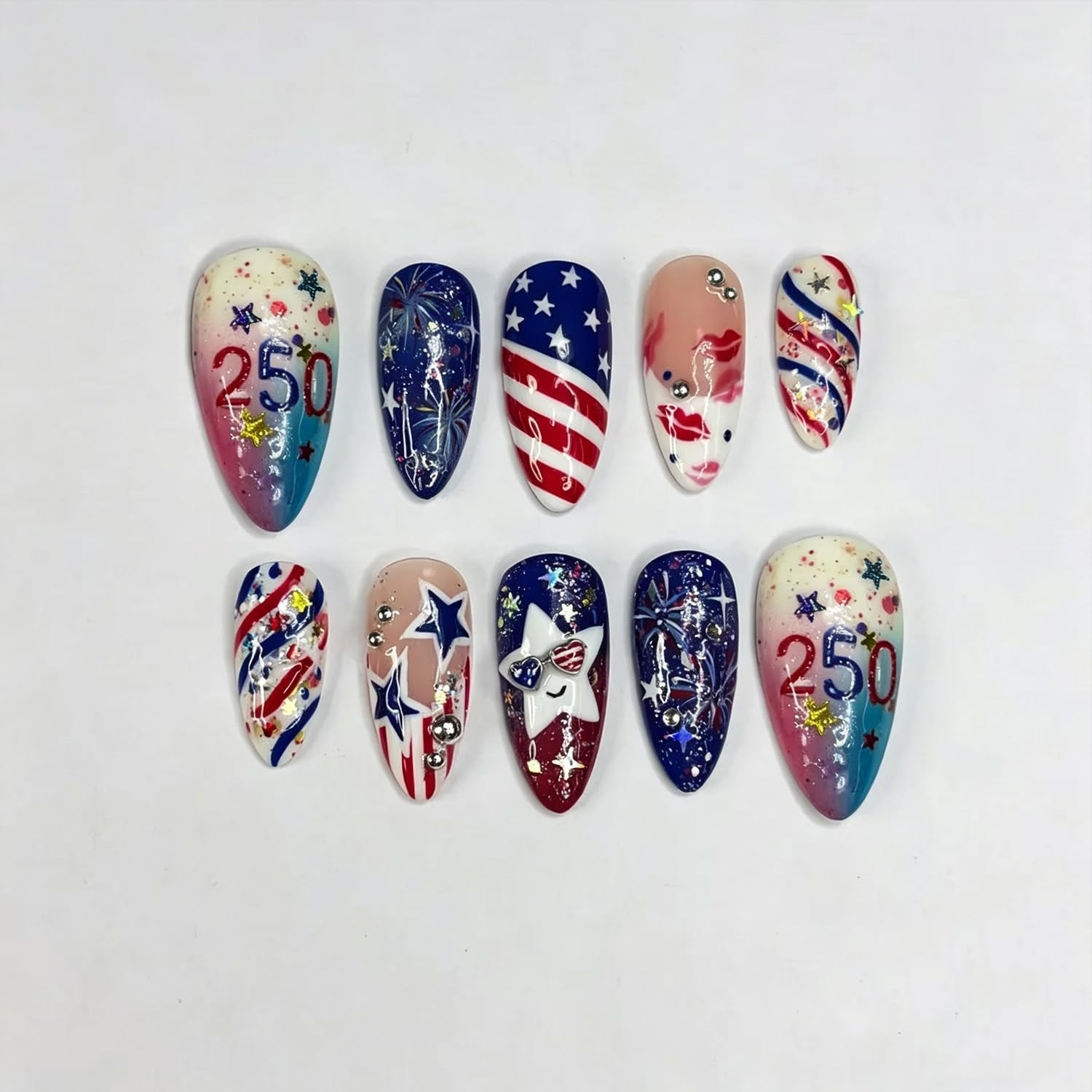 30Pcs Summer Press on Nails Medium Almond Cute Flower Fake Nails Pearl Rhineston