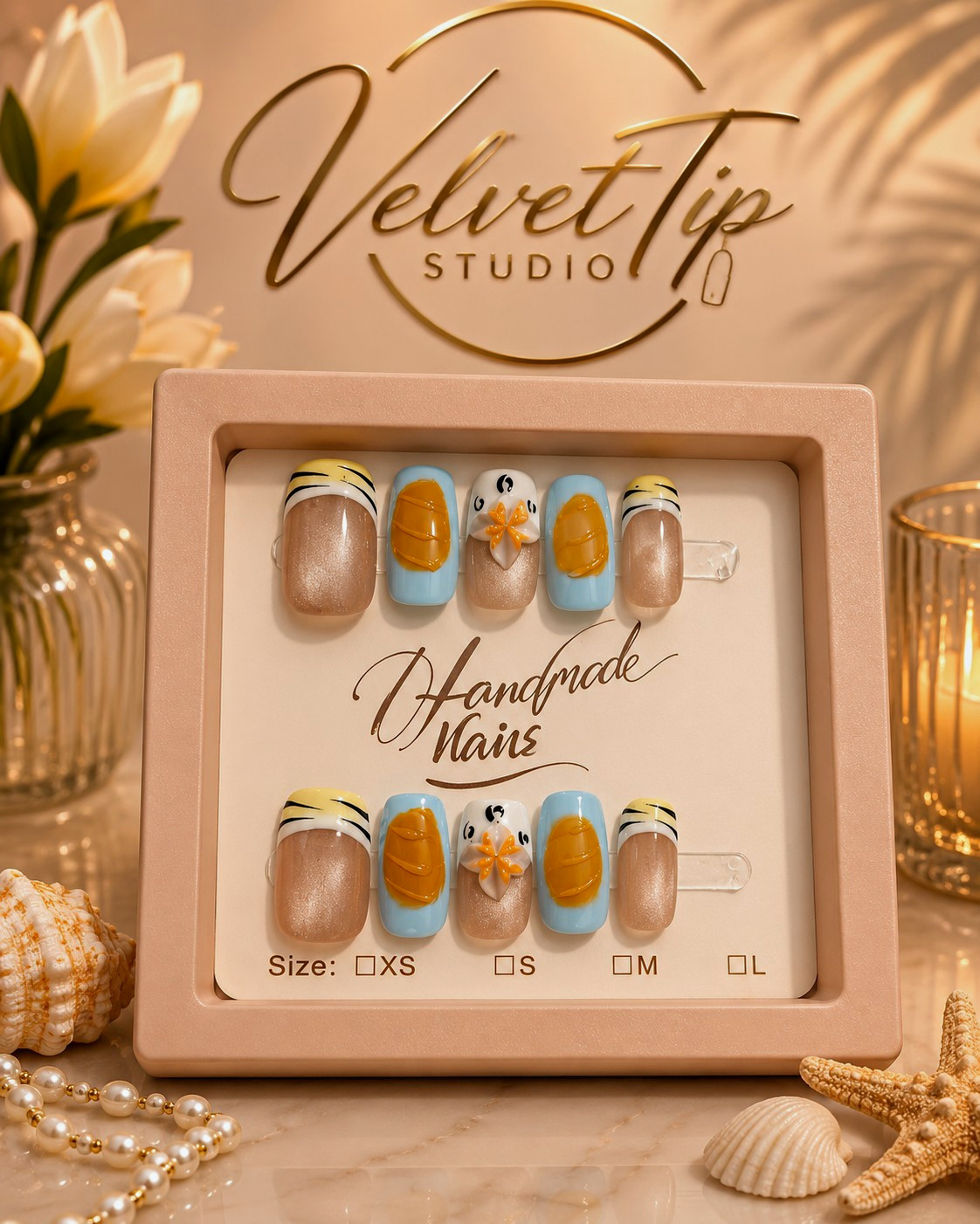 VelvetTip Studio Blue/Nude/Orange/White 3D Floral Square Press-On Nails Size M