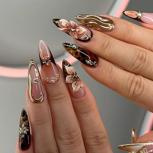 Almond Press on Nails Medium French Tip Fake Nails with Spring Flower Design-4