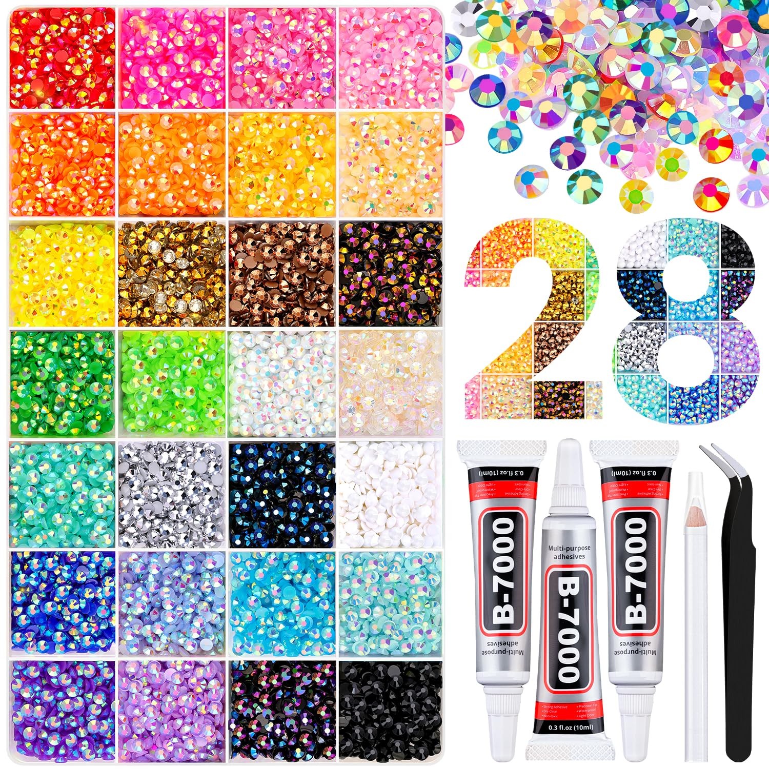 16000Pcs Resin Rhinestones with Tweezers for Crafting, Mixed-Color 4mm Bedazz…