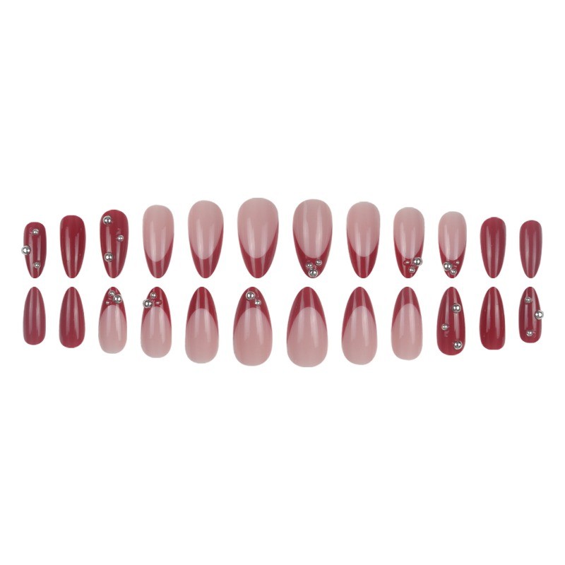 48pcs-Red French Tip Press on Nails, Almond with Silver Stud Accents for Women