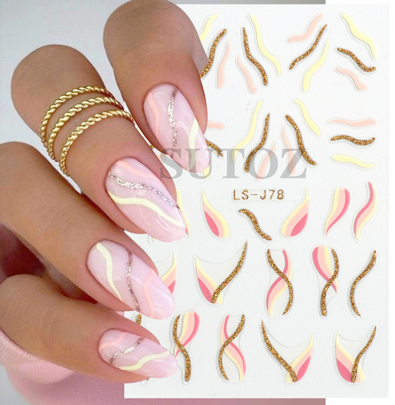 Golden Glitter French Lines Nail Stickers – Curve Wave Swirls, Pink Stripe NH22