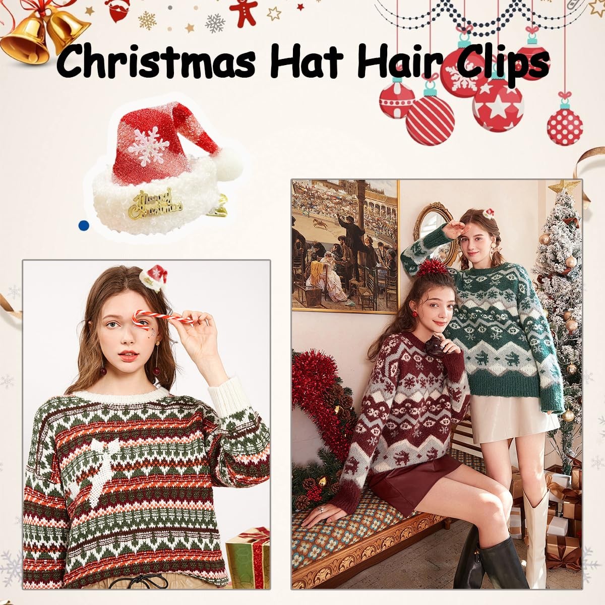 2Pcs Christmas Hair Clips Mini Hat 1 Count (Pack of 2), Red
