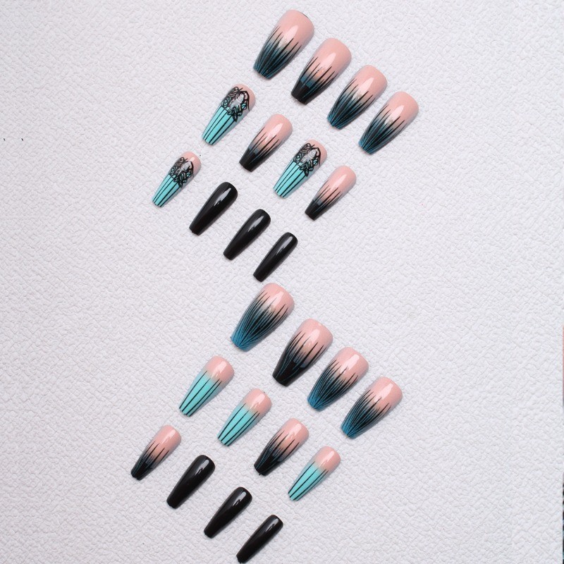 48pcs-Black & Teal Ombre Press on Nails, Coffin Nude with Hand-Painted Roses