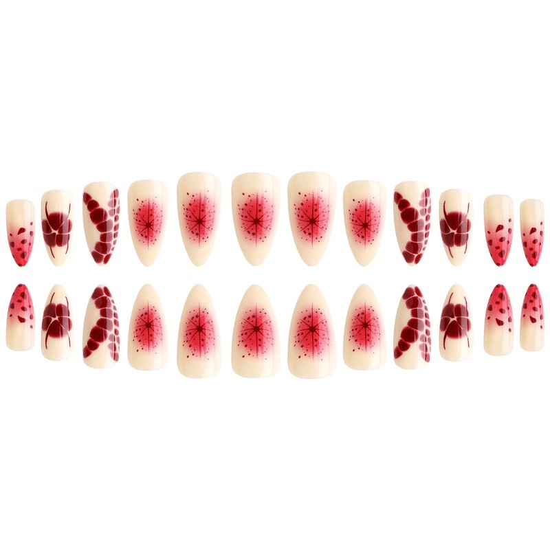 48 Pcs of Pink and White Painted Abstract Pattern Fake Nails – Removable Nails